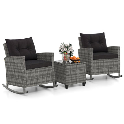 3-Piece Patio Rattan Roker Chairs with Tempered Glass Table and Soft Cushions-Mix Gray-Black