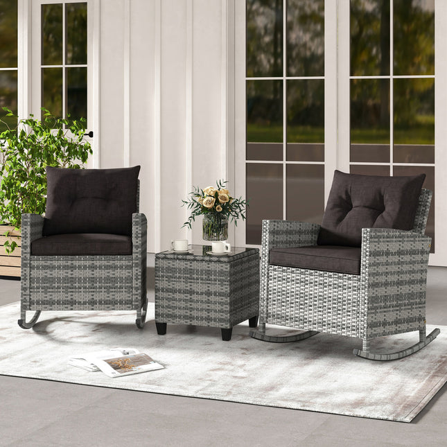 3-Piece Patio Rattan Roker Chairs with Tempered Glass Table and Soft Cushions-Mix Gray-Black