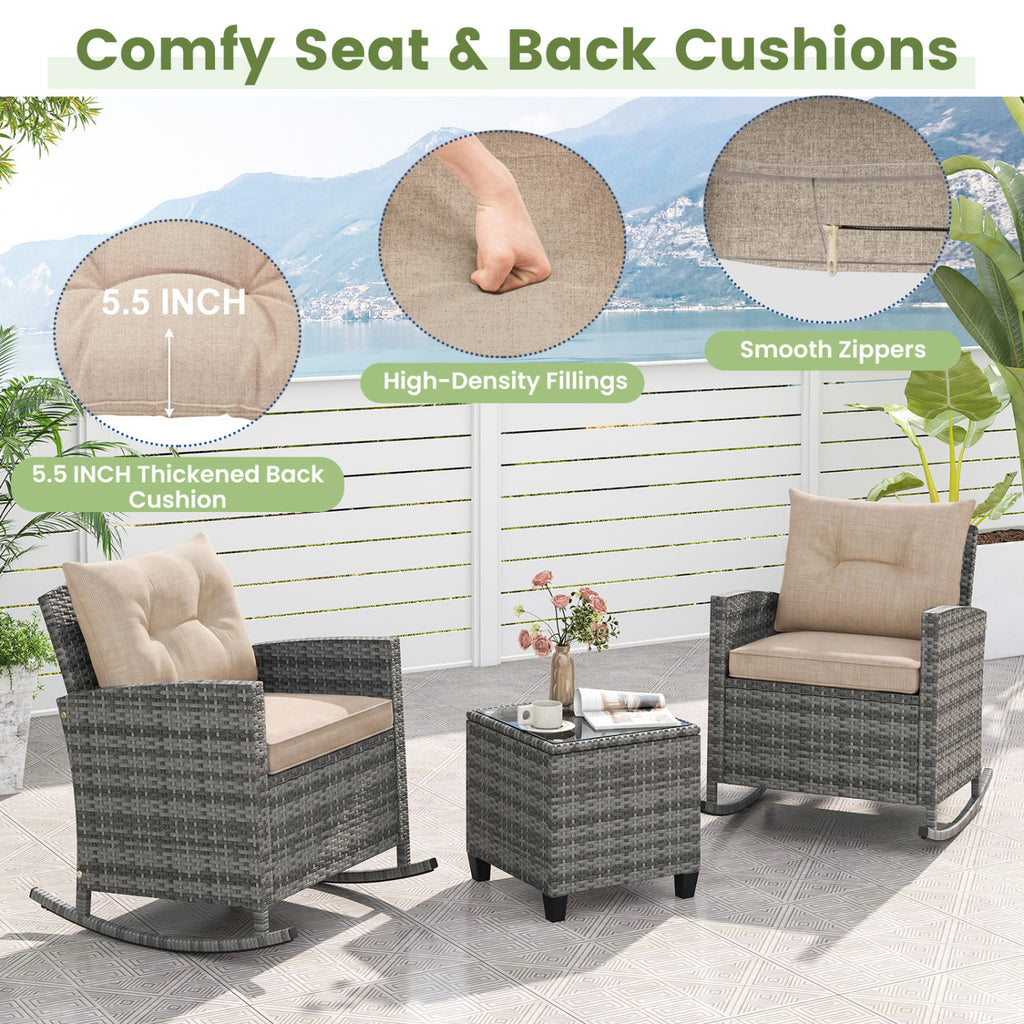 3-Piece Patio Rattan Roker Chairs with Tempered Glass Table and Soft Cushions-Yellow