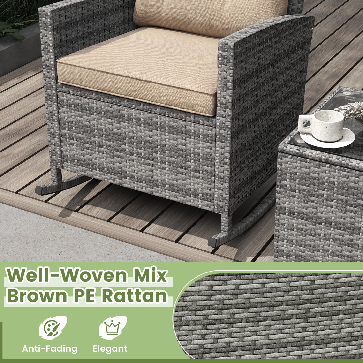 3-Piece Patio Rattan Roker Chairs with Tempered Glass Table and Soft Cushions-Yellow