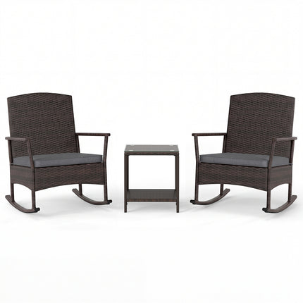 3 Piece Patio Rocking Set Wicker Rocking Chairs with 2-Tier Coffee Table-Gray