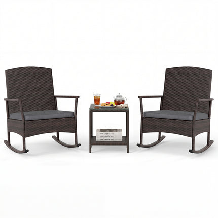 3 Piece Patio Rocking Set Wicker Rocking Chairs with 2-Tier Coffee Table-Gray
