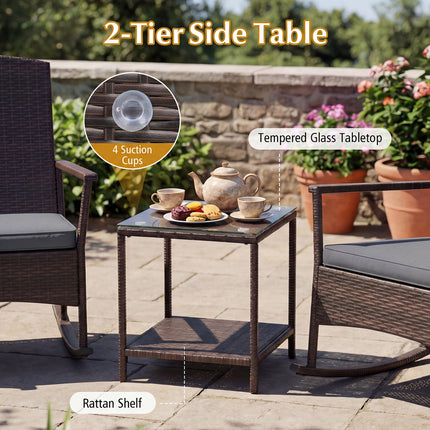 3 Piece Patio Rocking Set Wicker Rocking Chairs with 2-Tier Coffee Table-Gray