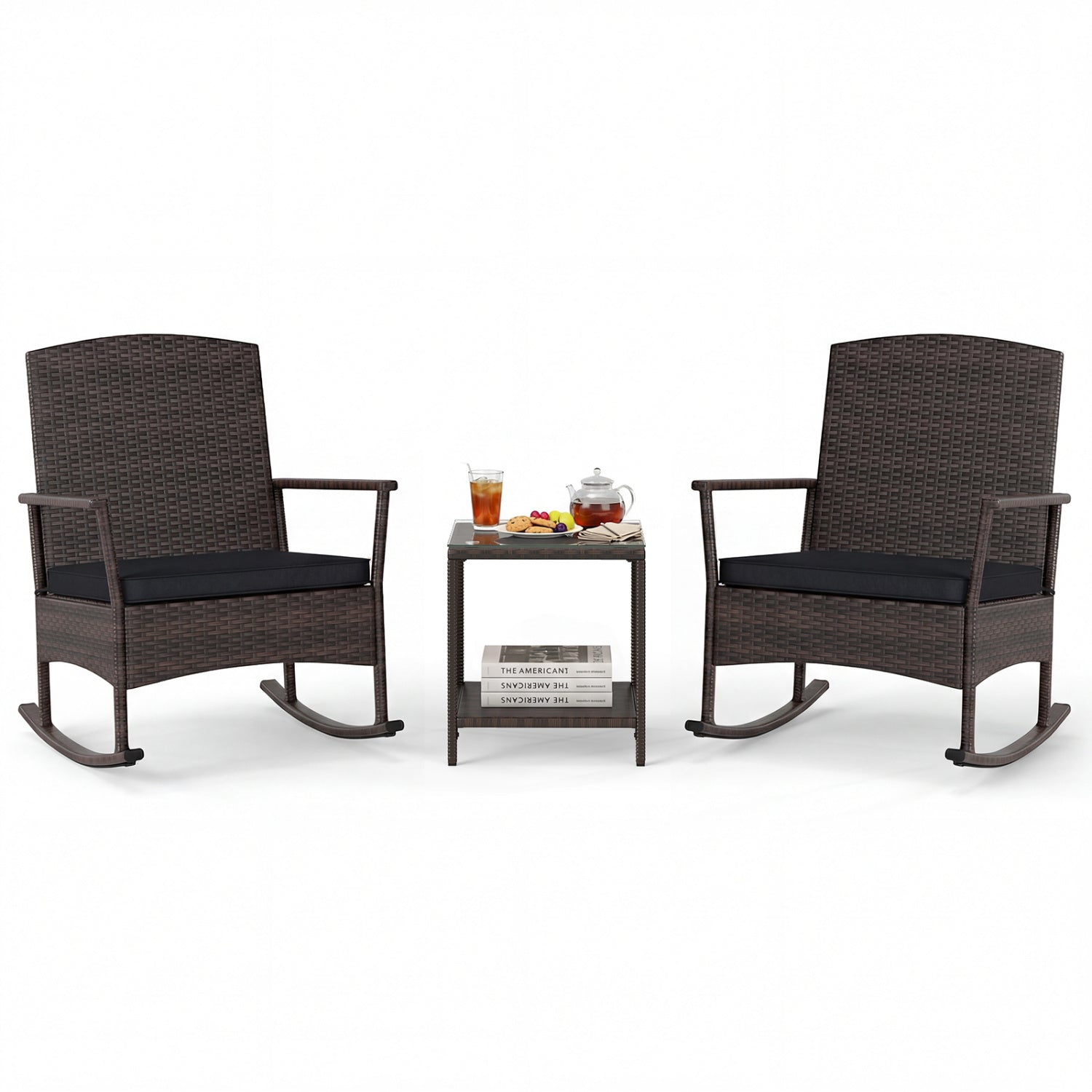 3 Piece Patio Rocking Bistro Set with 2-Tier Table-Black