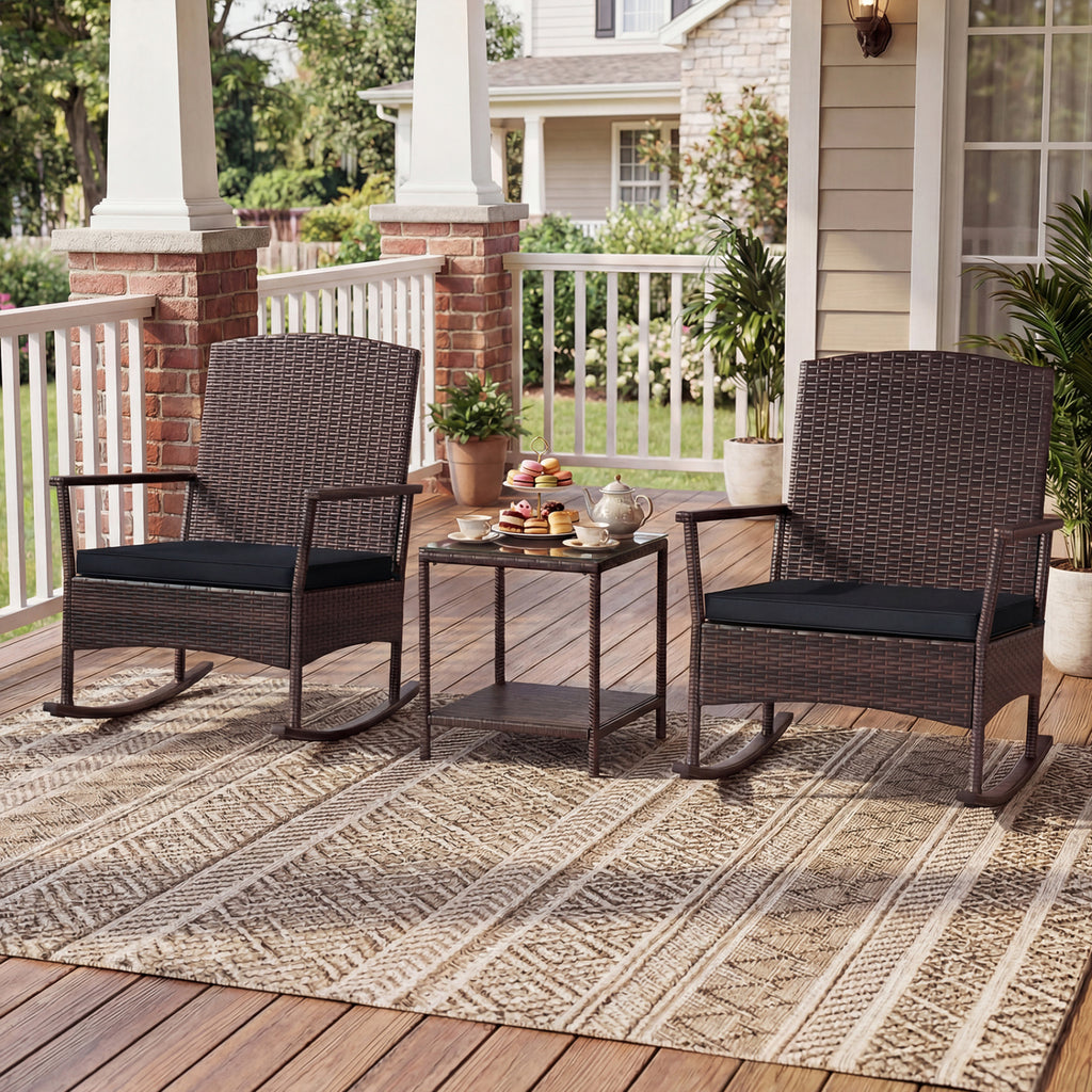 3 Piece Patio Rocking Bistro Set with 2-Tier Table-Black