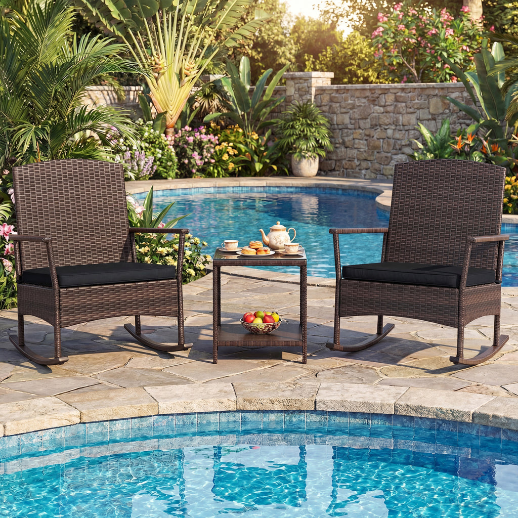 3 Piece Patio Rocking Bistro Set with 2-Tier Table-Black