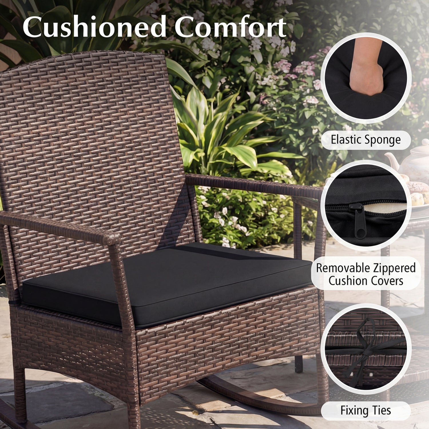 3 Piece Patio Rocking Bistro Set with 2-Tier Table-Black