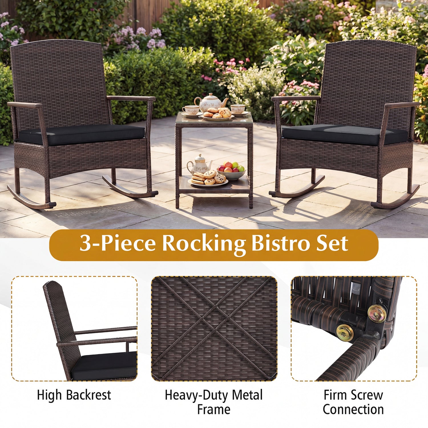 3 Piece Patio Rocking Bistro Set with 2-Tier Table-Black