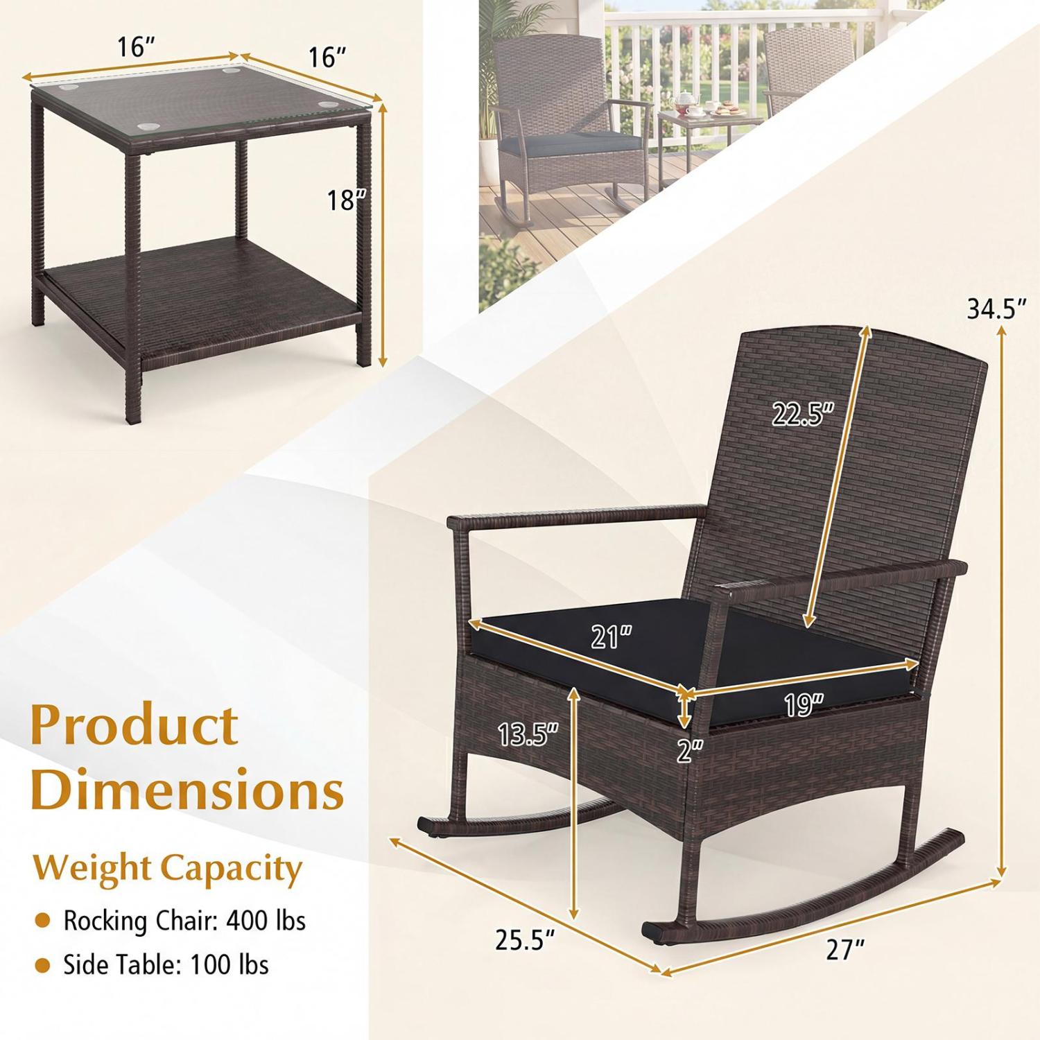 3 Piece Patio Rocking Bistro Set with 2-Tier Table-Black