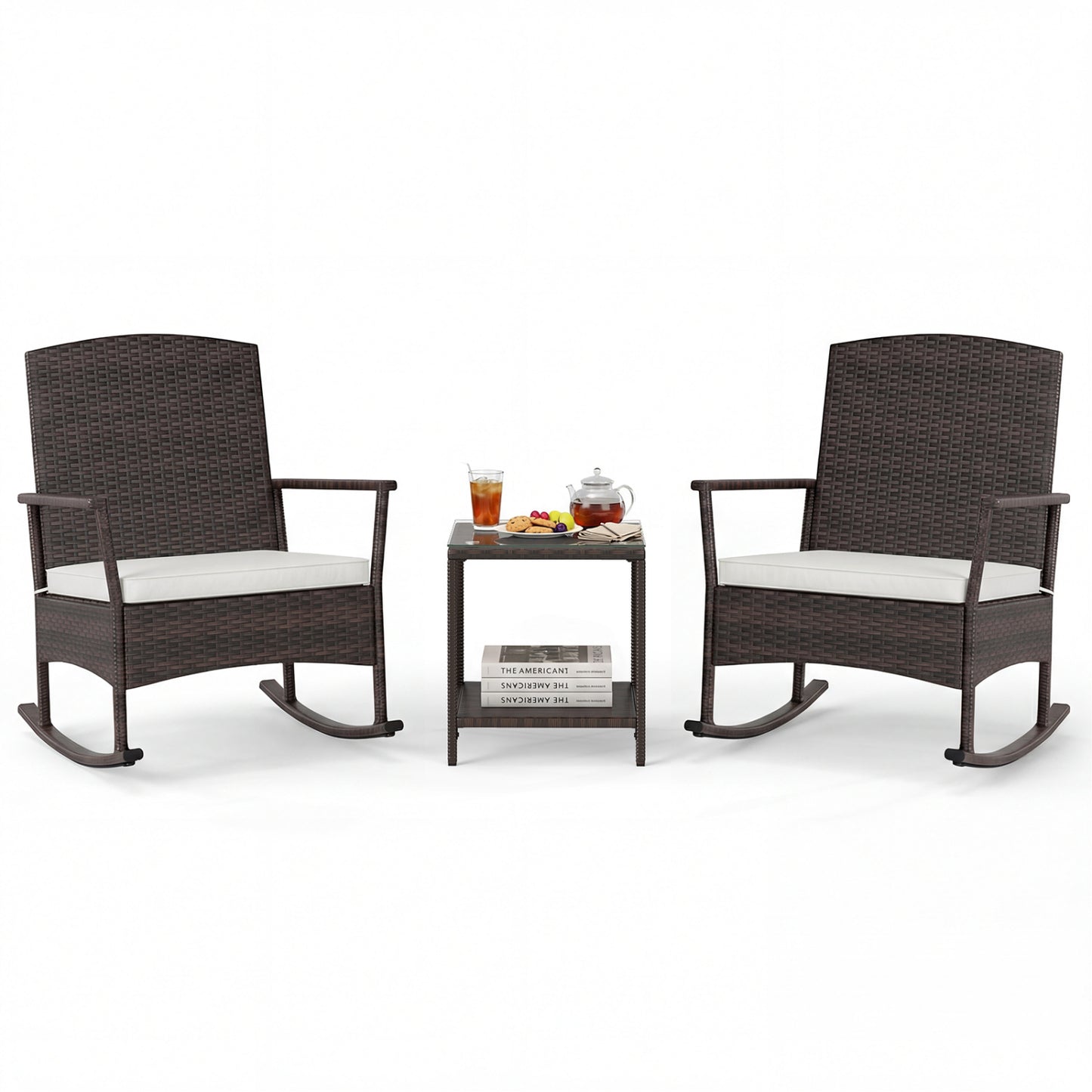 3 Piece Patio Rocking Set Wicker Rocking Chairs with 2-Tier Coffee Table-Off White