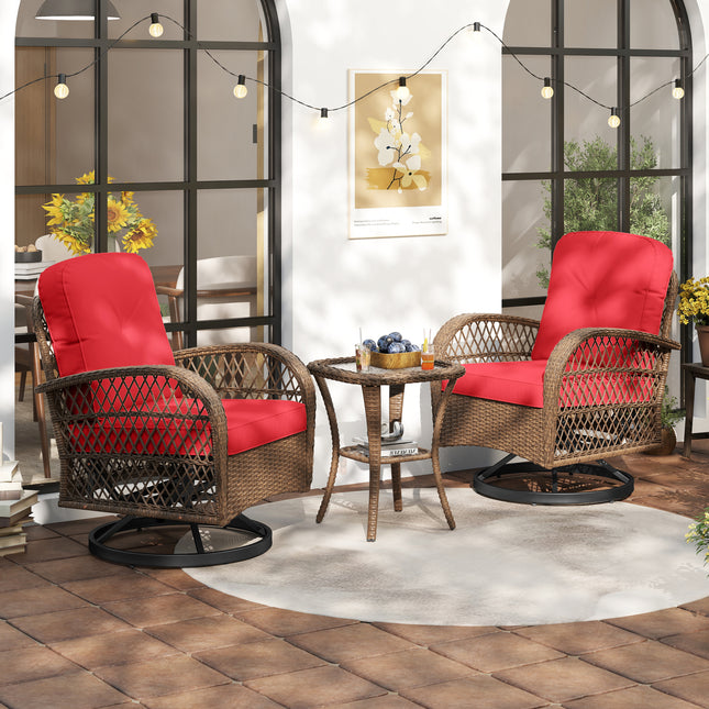 3 Piece Patio Swivel Rocker Set with Tempered Glass Side Table and Thick Cushions-Red