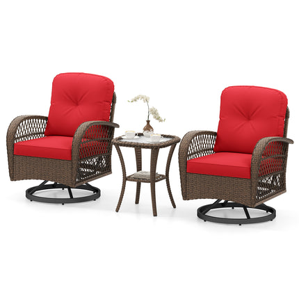 3 Piece Patio Swivel Rocker Set with Tempered Glass Side Table and Thick Cushions-Red