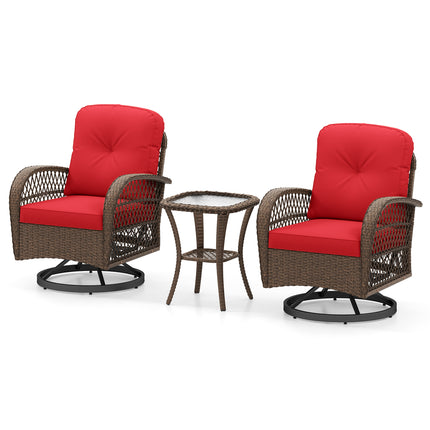 3 Piece Patio Swivel Rocker Set with Tempered Glass Side Table and Thick Cushions-Red