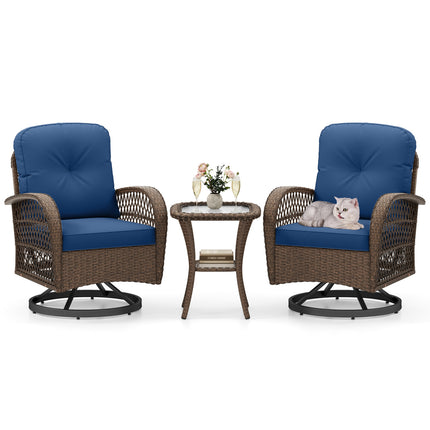 3 Piece Patio Swivel Rocker Set with Tempered Glass Side Table and Thick Cushions-Navy