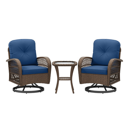 3 Piece Patio Swivel Rocker Set with Tempered Glass Side Table and Thick Cushions-Navy