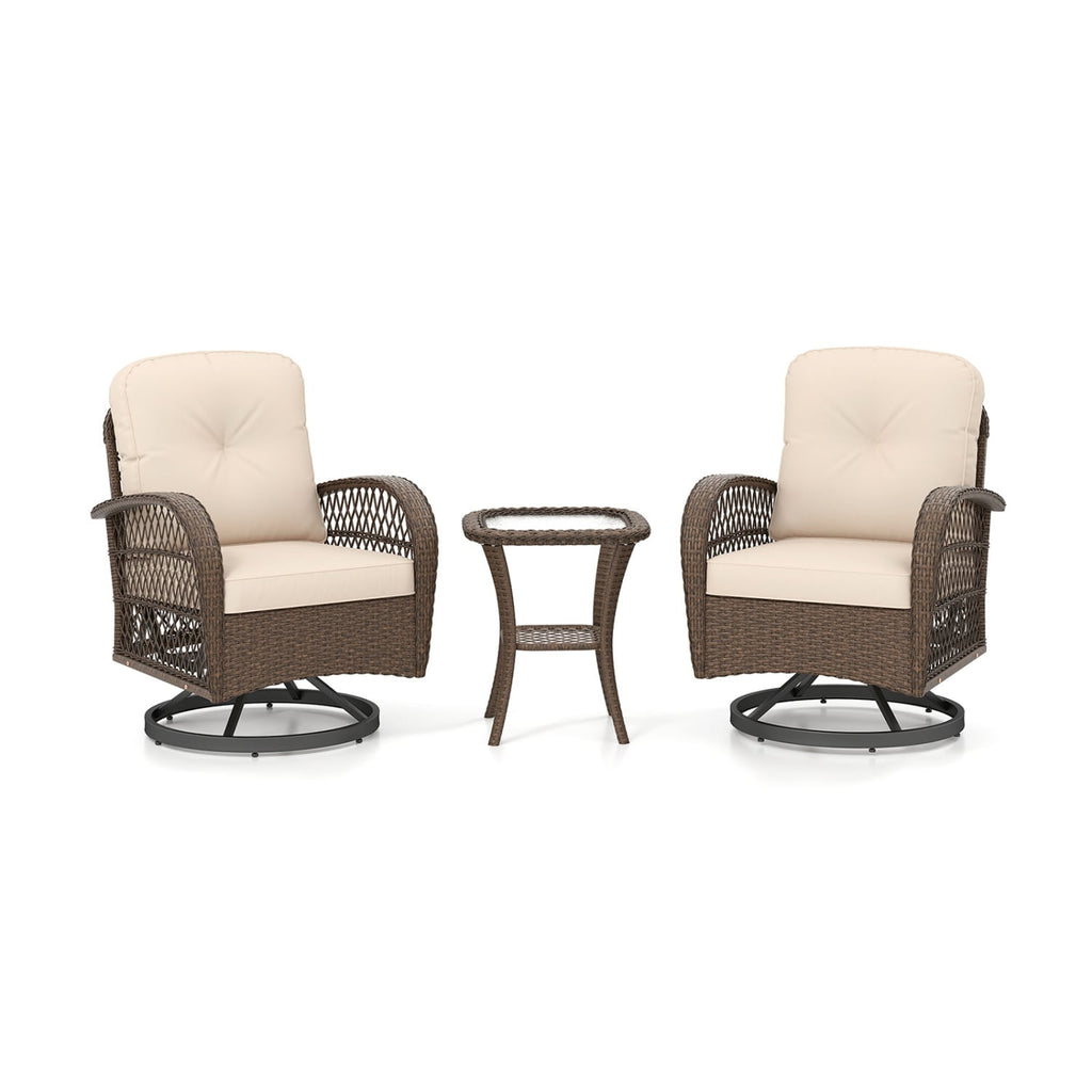 3 Piece Patio Swivel Rocker Set with Tempered Glass Side Table and Thick Cushions-Brown