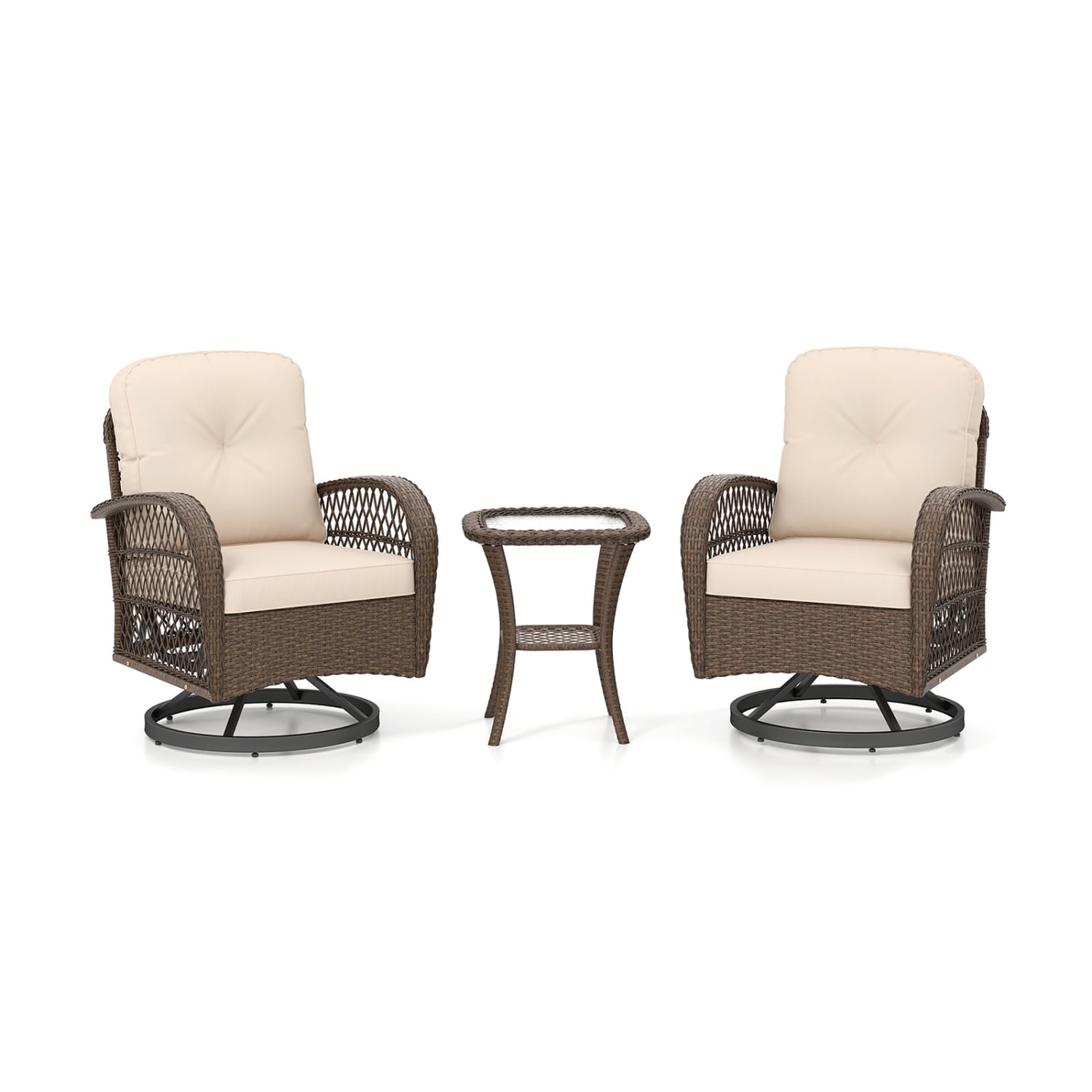 3 Piece Patio Swivel Rocker Set with Tempered Glass Side Table and Thick Cushions-Brown
