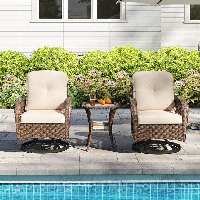3 Piece Patio Swivel Rocker Set with Tempered Glass Side Table and Thick Cushions-Brown