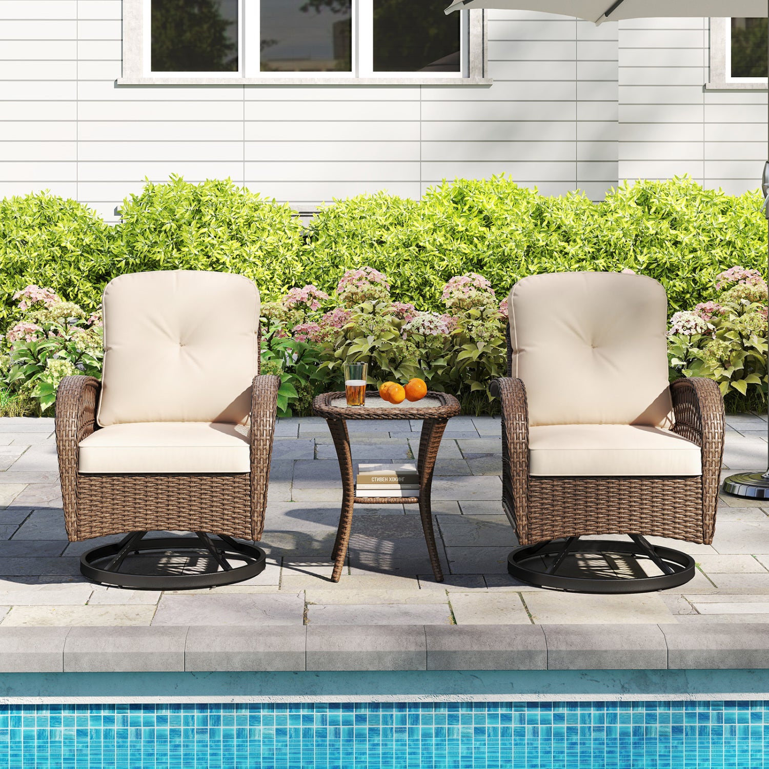 3 Piece Patio Swivel Rocker Set with Tempered Glass Side Table and Thick Cushions-Brown
