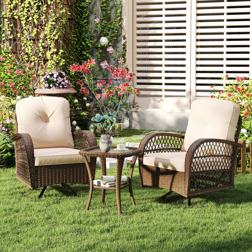 3 Piece Patio Swivel Rocker Set with Tempered Glass Side Table and Thick Cushions-Brown