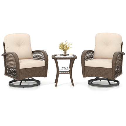 3 Piece Patio Swivel Rocker Set with Tempered Glass Side Table and Thick Cushions-Brown