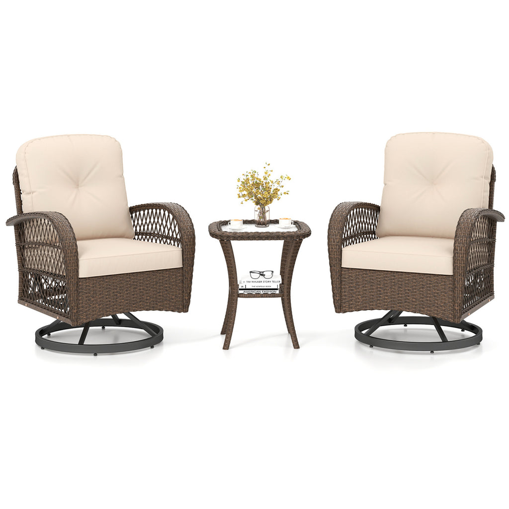 3 Piece Patio Swivel Rocker Set with Tempered Glass Side Table and Thick Cushions-Brown