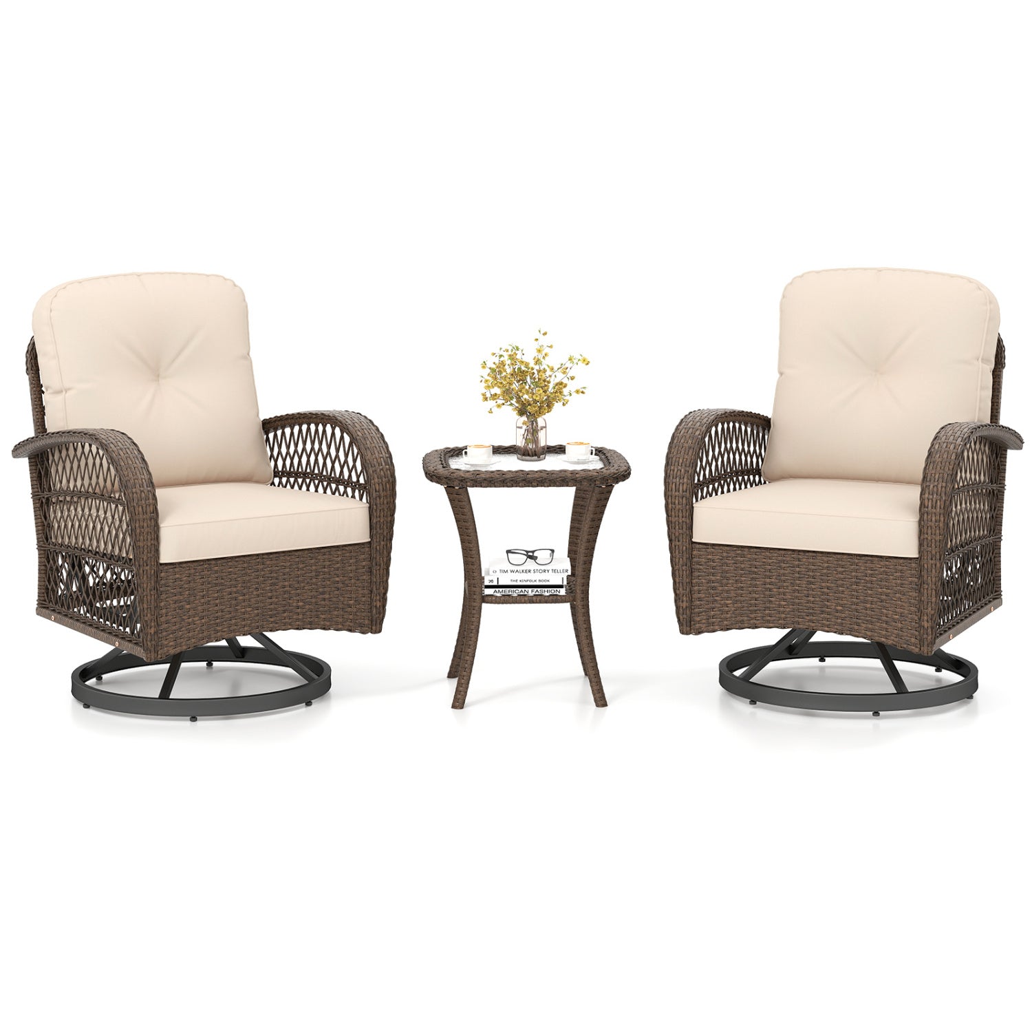 3 Piece Patio Swivel Rocker Set with Tempered Glass Side Table and Thick Cushions-Brown