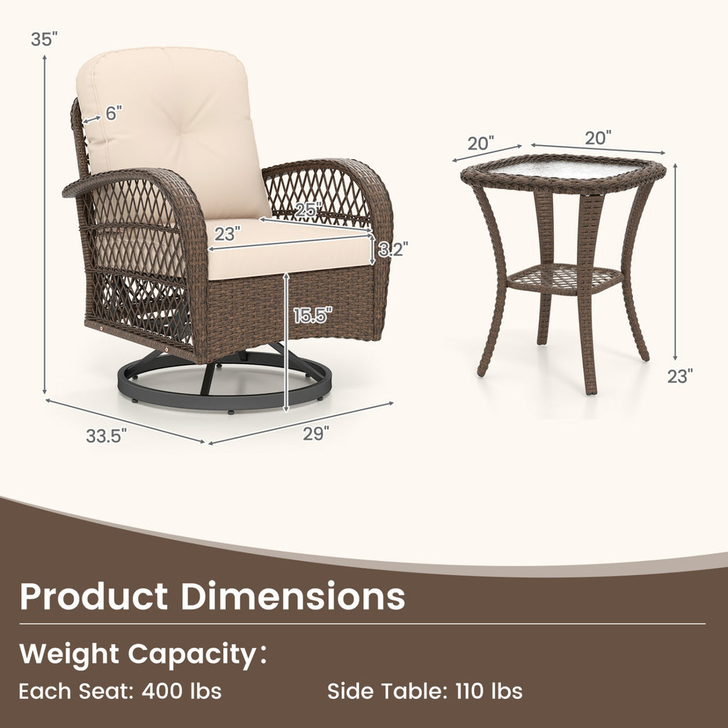 3 Piece Patio Swivel Rocker Set with Tempered Glass Side Table and Thick Cushions-Brown