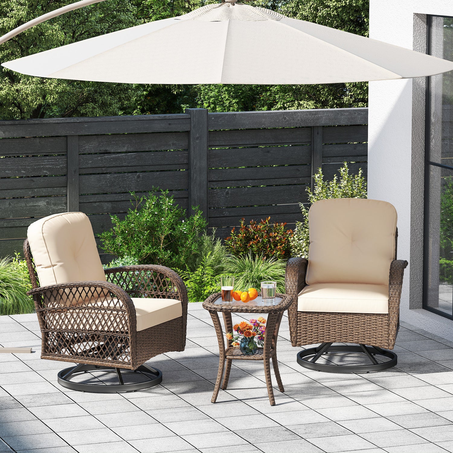 3 Piece Patio Swivel Rocker Set with Tempered Glass Side Table and Thick Cushions-Brown
