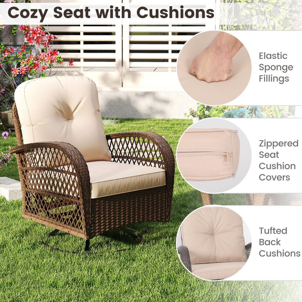 3 Piece Patio Swivel Rocker Set with Tempered Glass Side Table and Thick Cushions-Brown