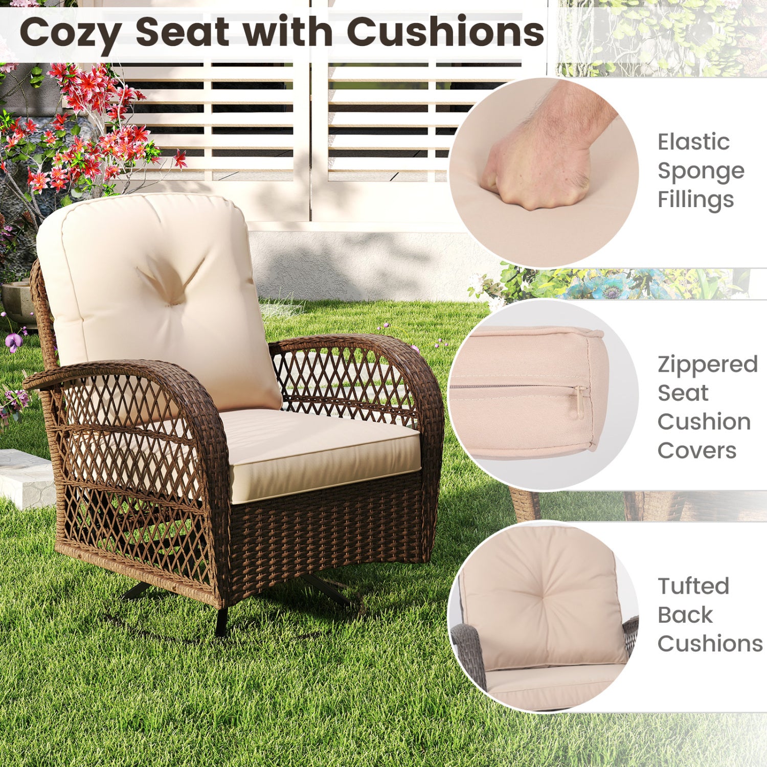 3 Piece Patio Swivel Rocker Set with Tempered Glass Side Table and Thick Cushions-Brown