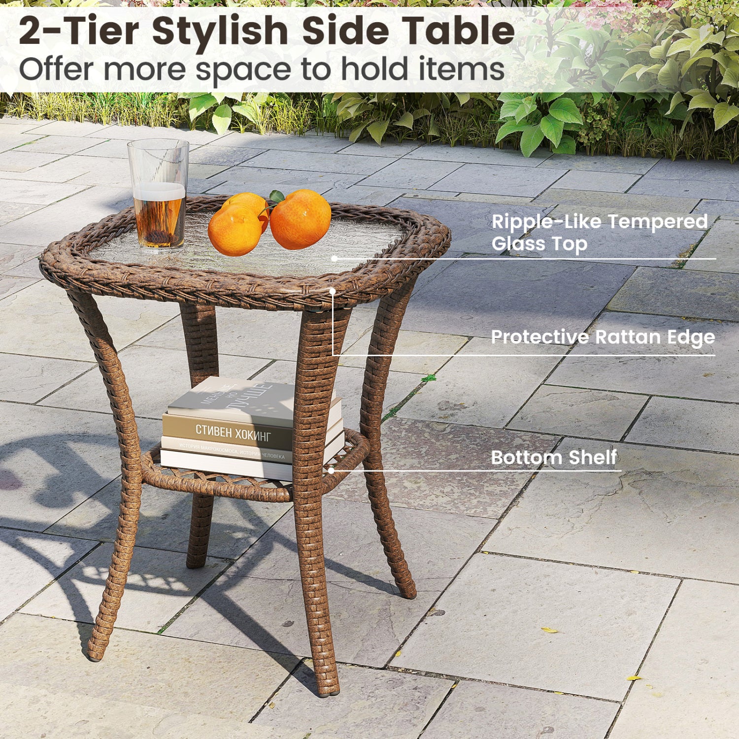 3 Piece Patio Swivel Rocker Set with Tempered Glass Side Table and Thick Cushions-Brown