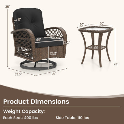 3 Piece Patio Swivel Rocker Set with Tempered Glass Side Table and Thick Cushions-Black