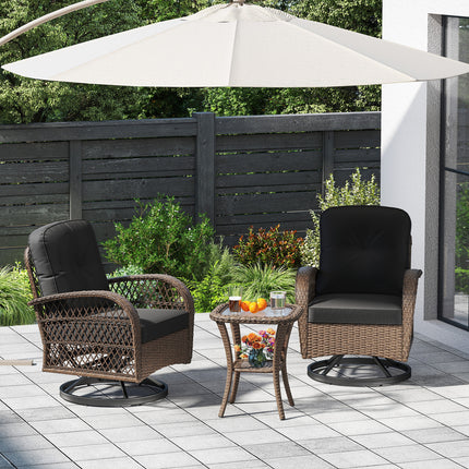 3 Piece Patio Swivel Rocker Set with Tempered Glass Side Table and Thick Cushions-Black