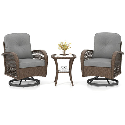 3 Piece Patio Swivel Rocker Set with Tempered Glass Side Table and Thick Cushions-Gray