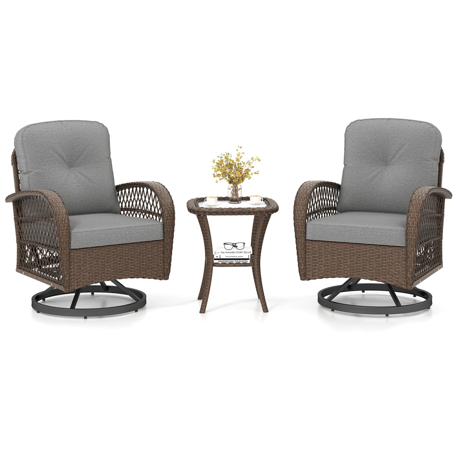 Ensemble de 3 fauteuils pivotants de patio avec table d'appoint en verre trempé et coussins épais — Gris