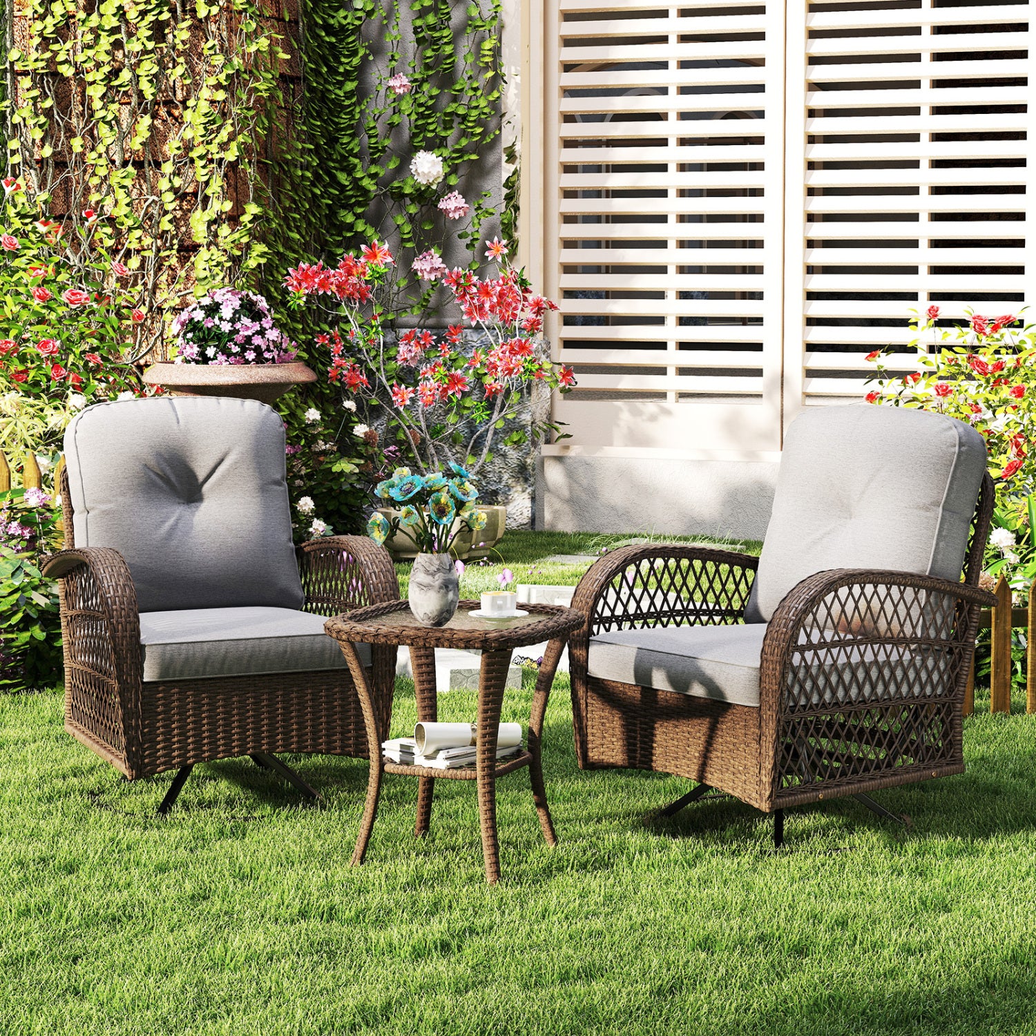 Ensemble de 3 fauteuils pivotants de patio avec table d'appoint en verre trempé et coussins épais — Gris