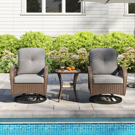 3 Piece Patio Swivel Rocker Set with Tempered Glass Side Table and Thick Cushions-Gray