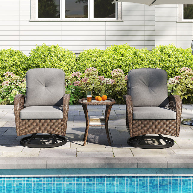 3 Piece Patio Swivel Rocker Set with Tempered Glass Side Table and Thick Cushions-Gray