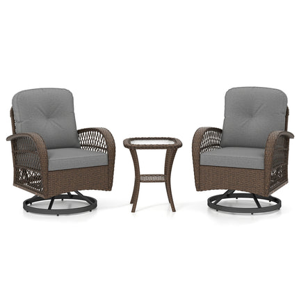 3 Piece Patio Swivel Rocker Set with Tempered Glass Side Table and Thick Cushions-Gray