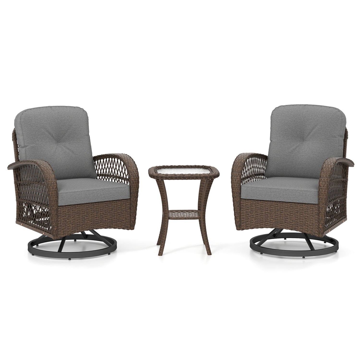 Ensemble de 3 fauteuils pivotants de patio avec table d'appoint en verre trempé et coussins épais — Gris