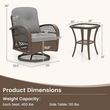 3 Piece Patio Swivel Rocker Set with Tempered Glass Side Table and Thick Cushions-Gray