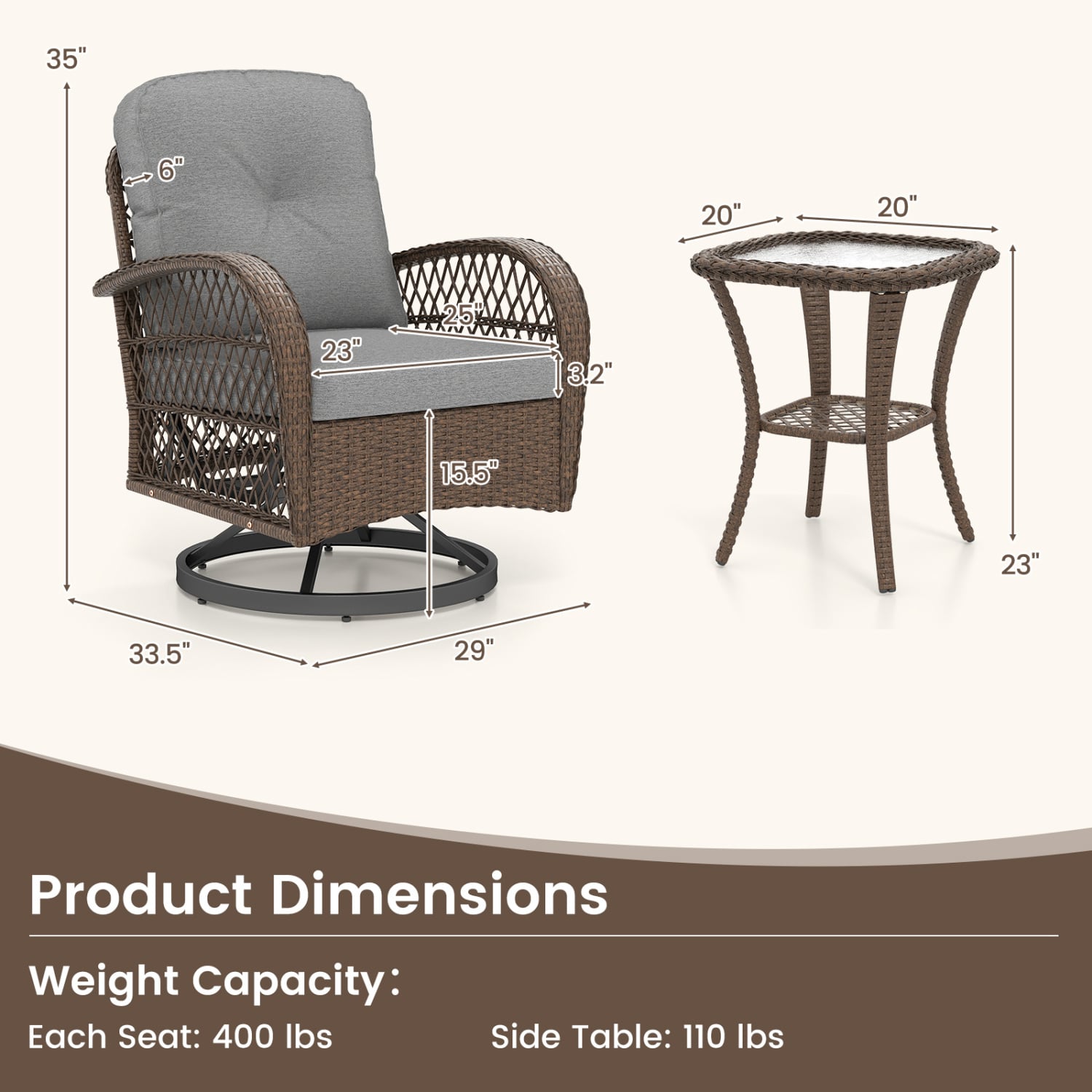 Ensemble de 3 fauteuils pivotants de patio avec table d'appoint en verre trempé et coussins épais — Gris