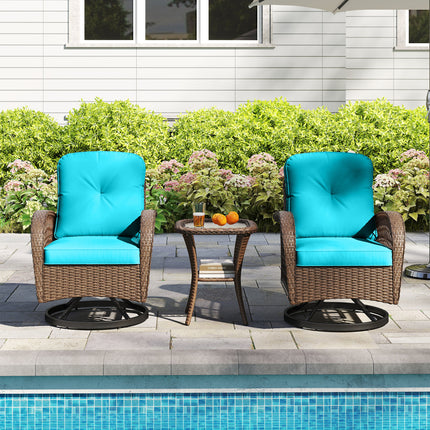 3 Piece Patio Swivel Rocker Set with Tempered Glass Side Table and Thick Cushions-Turquoise