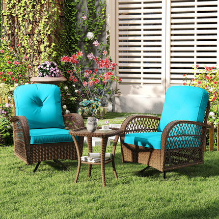 3 Piece Patio Swivel Rocker Set with Tempered Glass Side Table and Thick Cushions-Turquoise