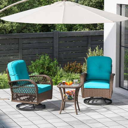 3 Piece Patio Swivel Rocker Set with Tempered Glass Side Table and Thick Cushions-Turquoise