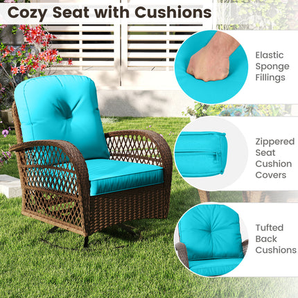 3 Piece Patio Swivel Rocker Set with Tempered Glass Side Table and Thick Cushions-Turquoise