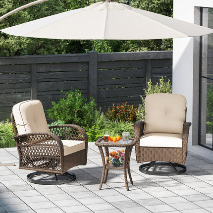 3 Piece Patio Swivel Rocker Set with Tempered Glass Side Table and Thick Cushions-White