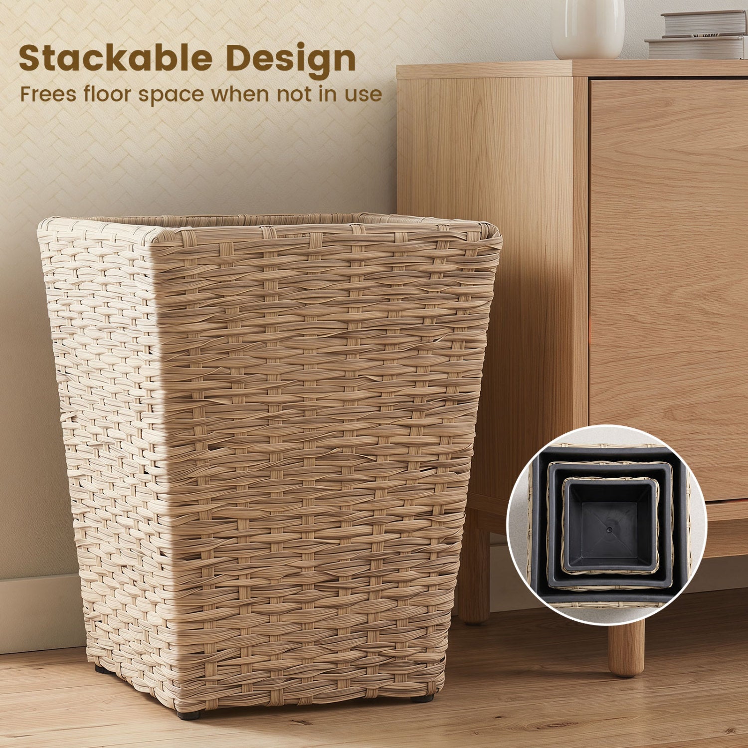 3-Piece Rattan Planter Box Kit with Removable Plastic Liners - Natural