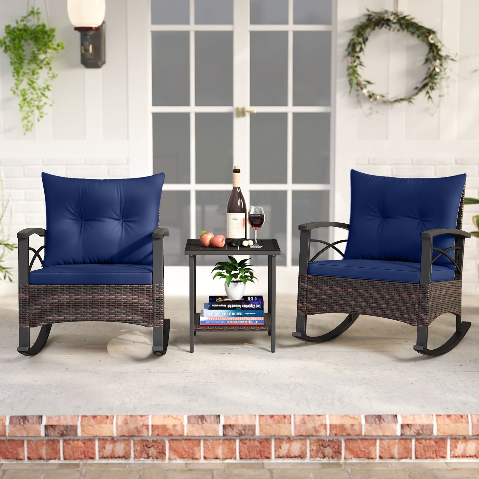 Ensemble bistro à bascule 3 pièces avec fauteuils à bascule en rotin PE et table avec plateau en bois d'acacia - Bleu marine